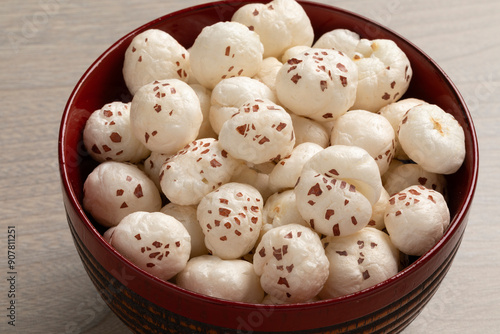 Bowl with Indian puffed Lotus seed close up 
