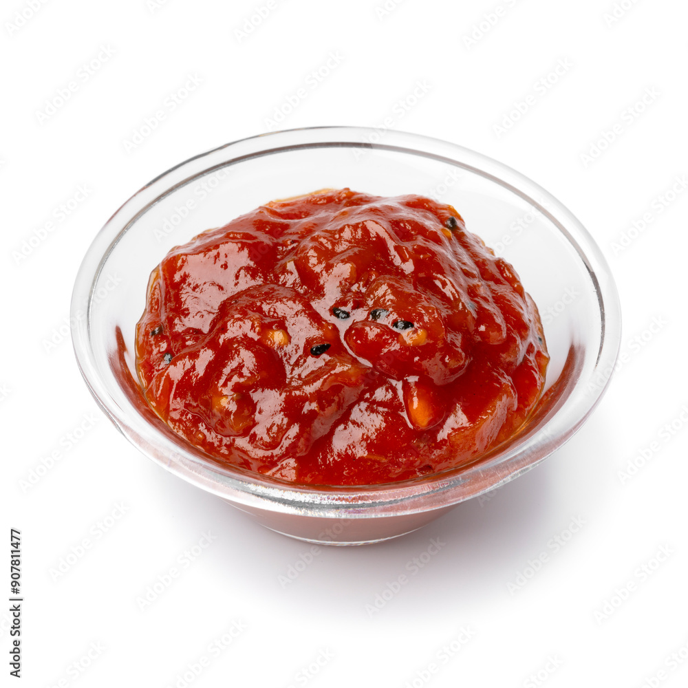 Glass bowl with Tomato Onion chutney and nigella seeds close up isolated on white background Glass bowl with Tomato Onion chutney and nigella seeds close up isolated on white background