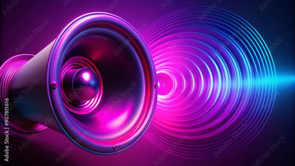 Neon purple and pink loudspeaker with dynamic sound waves on a smooth backdrop, neon, purple, pink, loudspeaker, dynamic