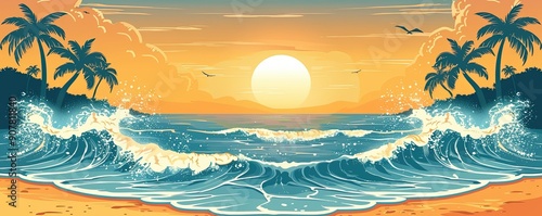 Beautiful sunset over tropical beach with palm trees, ocean waves, and birds flying in the sky.