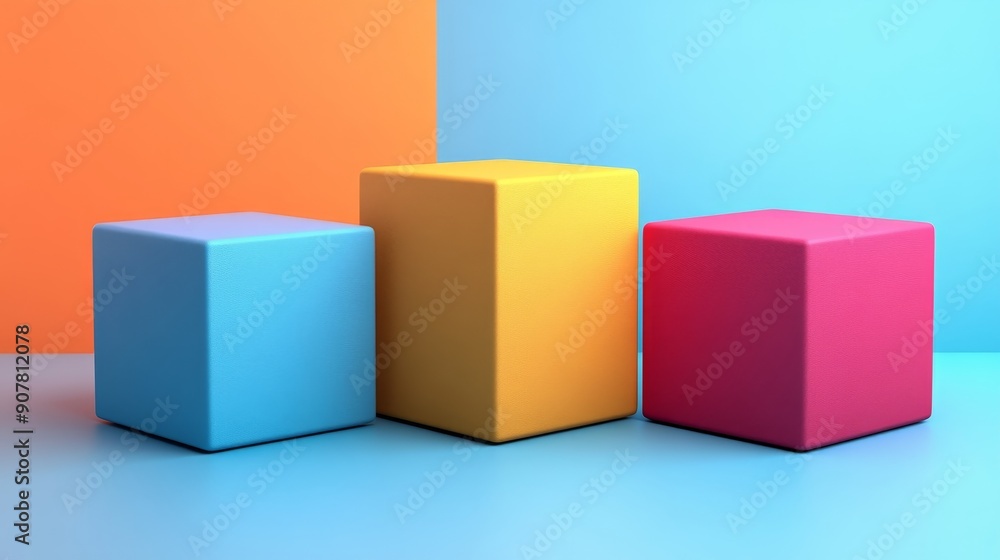 Three colorful cubes are arranged in a row on a blue background Three colorful cubes are arranged in a row on a blue background