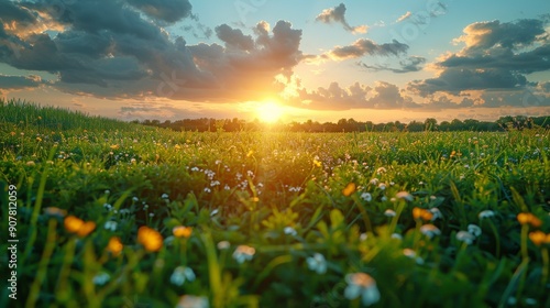 A breathtaking sunset casts warm hues over a vibrant flower-filled meadow, creating a serene and tranquil atmosphere.