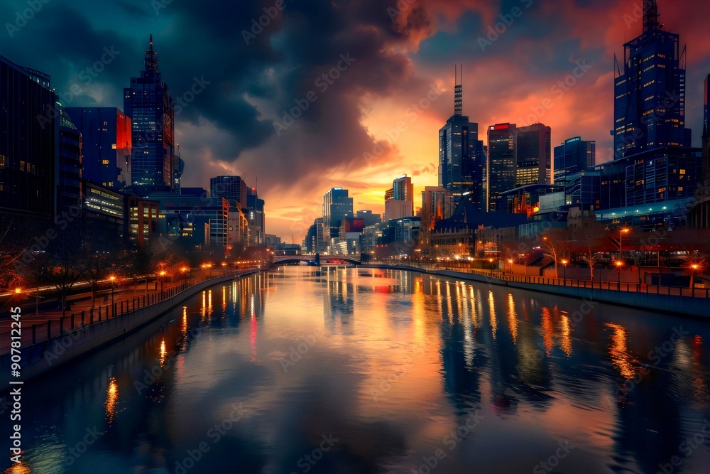 Fototapeta premium Landscape of city skyline reflection on the river during twilight. Generative AI