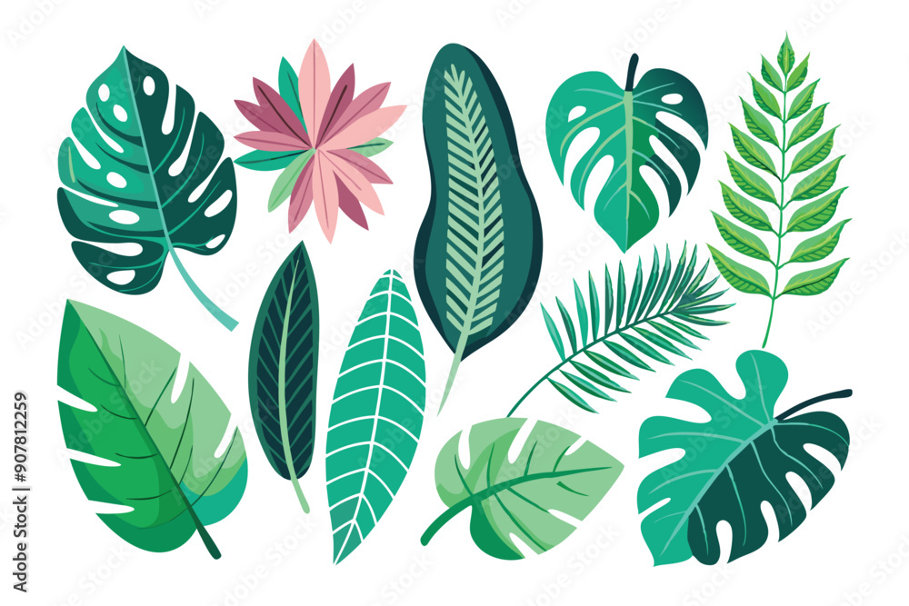 Fototapeta premium Collection of Diverse Tropical Leaves in Green and Pink Hues