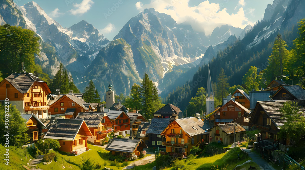 Alpine Village Illustration with Mountain Background Alpine Village Illustration with Mountain Background