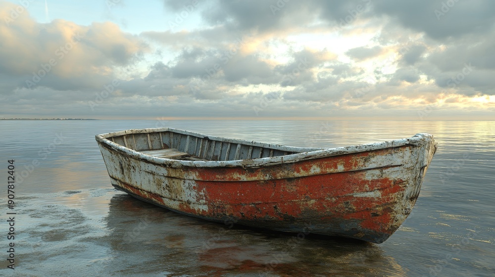 A small boat is sitting in the water, with the sky in the background A small boat is sitting in the water, with the sky in the background