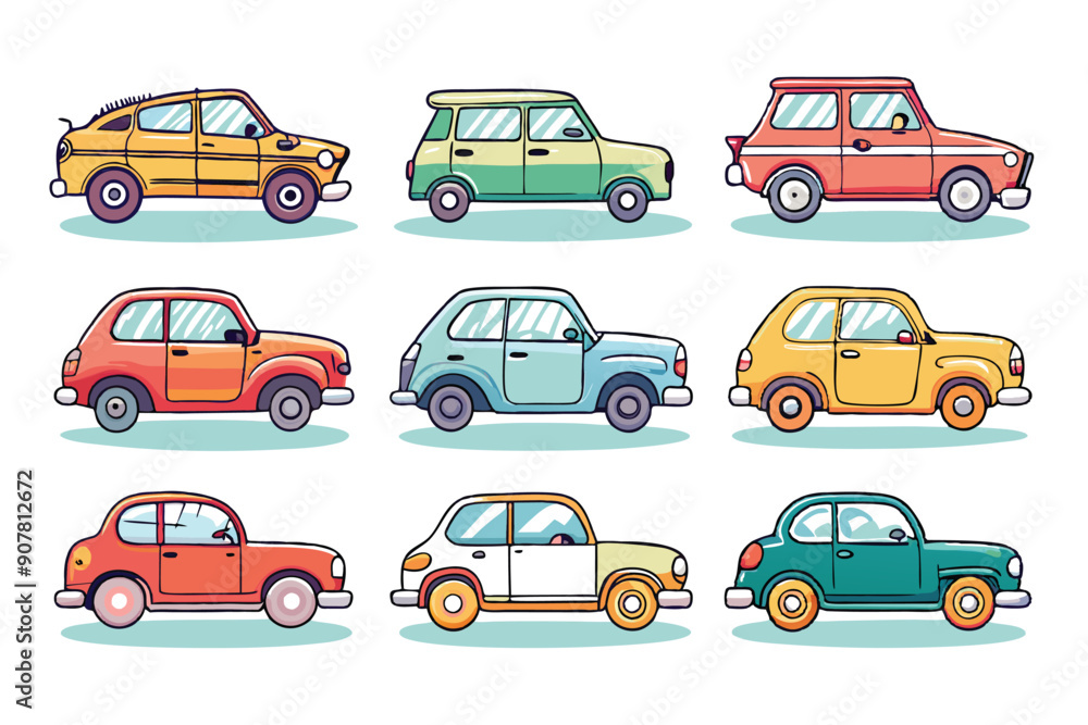 Nine Cartoon Cars of Various Colors and Styles Nine Cartoon Cars of Various Colors and Styles