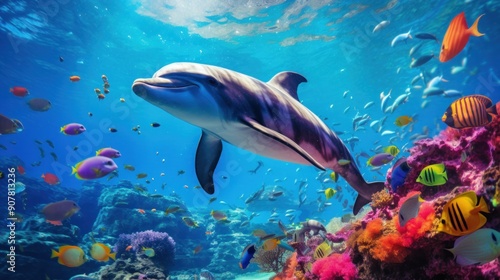 A dolphin swimming alongside a school of colorful fish, creating a vibrant underwater scene