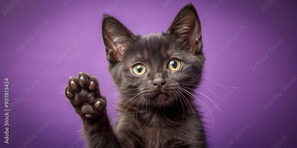 Black kitten with big eyes waving with its paw on a purple background, black, kitten, big eyes, waving, paw, purple, background Black kitten with big eyes waving with its paw on a purple background, black, kitten, big eyes, waving, paw, purple, background