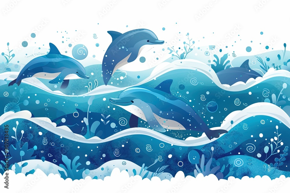 Illustration of dolphins jumping through ocean waves surrounded by underwater plants and bubbles, creating a lively marine scene. Illustration of dolphins jumping through ocean waves surrounded by underwater plants and bubbles, creating a lively marine scene.