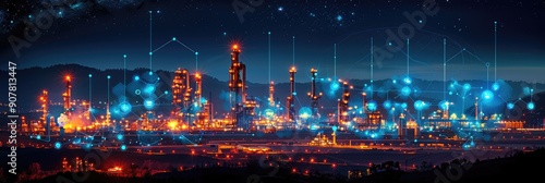 Digital twin of an industrial oil plant, overlaying the real scene with blue holographic digital lines and icons representing data collection