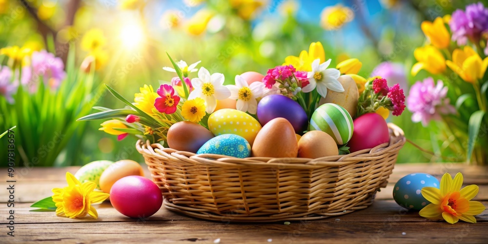 Vibrant and colorful Easter eggs in a basket surrounded by spring flowers and decorations, Easter, holiday, festive, celebration Vibrant and colorful Easter eggs in a basket surrounded by spring flowers and decorations, Easter, holiday, festive, celebration