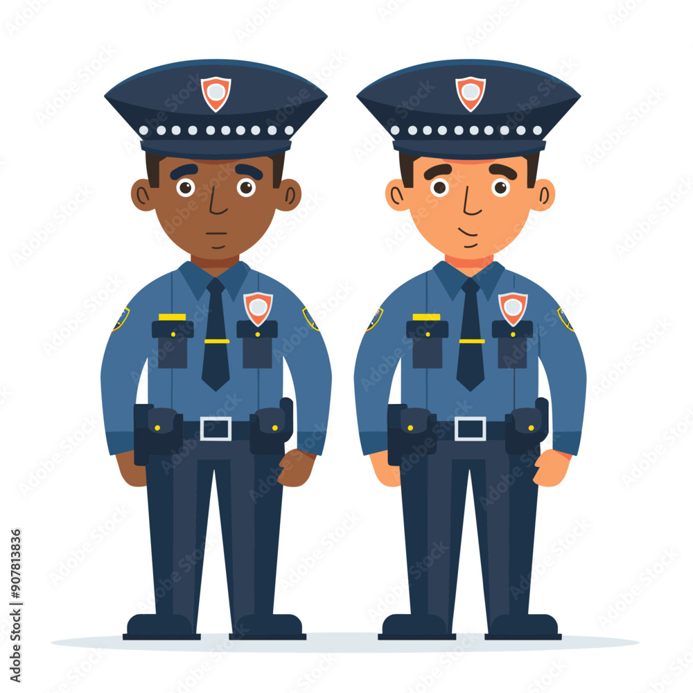 Two cartoon police officers standing side side, one African American one Caucasian, uniform badges duty belts. Both policemen friendly demeanor, showcasing diversity law enforcement. Officers wear Two cartoon police officers standing side side, one African American one Caucasian, uniform badges duty belts. Both policemen friendly demeanor, showcasing diversity law enforcement. Officers wear