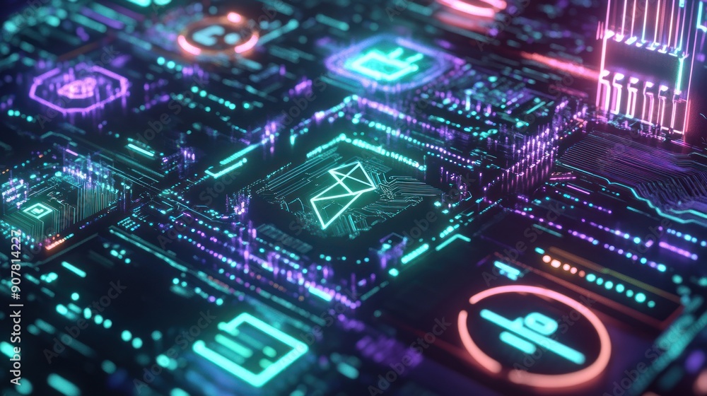 Abstract Futuristic Circuit Board with Neon Lights Abstract Futuristic Circuit Board with Neon Lights