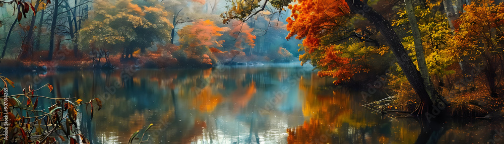 Autumn River Reflections in the Forest - Illustration Autumn River Reflections in the Forest - Illustration