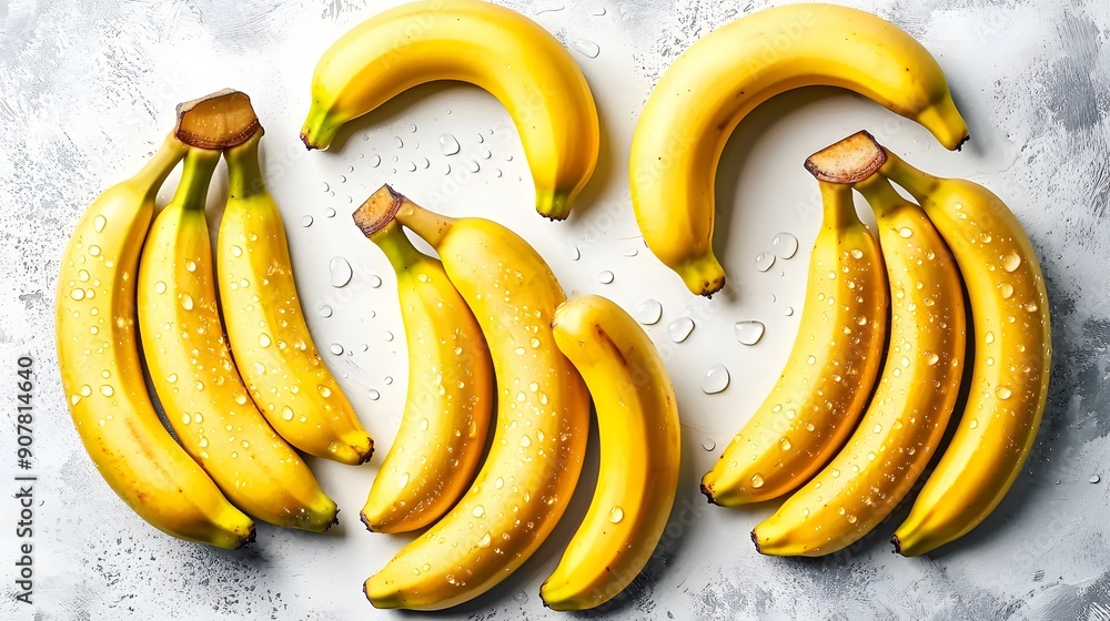 A vibrant frame made of bananas arranged around a white background with water drops, creating a fresh and colorful border. Copy space. A vibrant frame made of bananas arranged around a white background with water drops, creating a fresh and colorful border. Copy space.