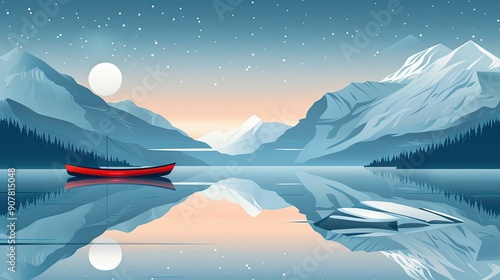 Lake reflections with snowy mountains, serene winter, flat design illustration. photo