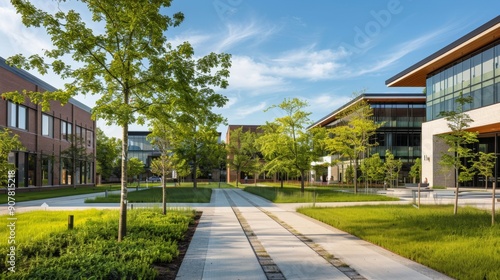 Modern Office Building with Lush Greenery and Walkway.