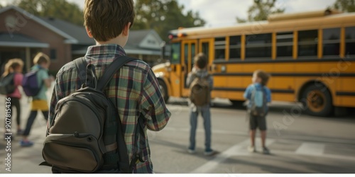 First Steps to Knowledge: A Young Boy with Backpack Awaiting the School Bus.