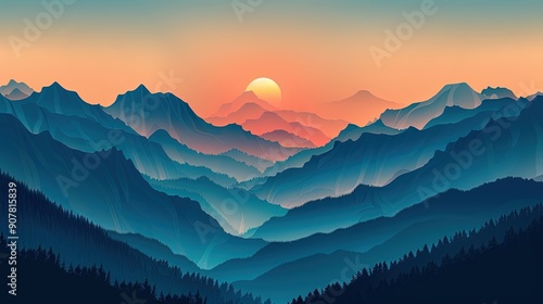 Mountain range with sunset sky, dramatic scenery,