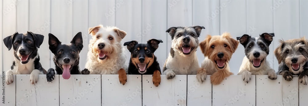 A group of happy dogs standing on the edge peeking over a white wooden wall, smiling A group of happy dogs standing on the edge peeking over a white wooden wall, smiling