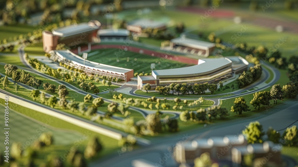 Obraz premium Generate a photo realistic image of a maquette illustrating a sports facility with stadiums, arenas, and sports training centers; ensure the image is of high resolution for clear and detailed quality
