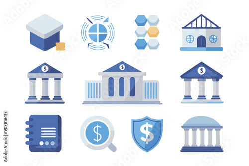 Set of Flat Design Blue and Gray Bank Icons