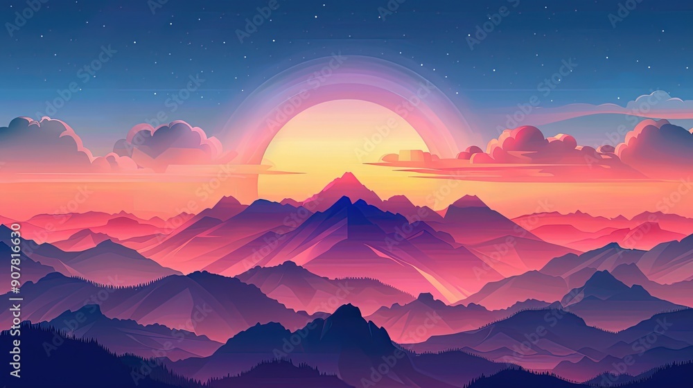 Vibrant digital illustration of a serene sunset over majestic, colorful mountains with a radiant sky and soft clouds. Vibrant digital illustration of a serene sunset over majestic, colorful mountains with a radiant sky and soft clouds.