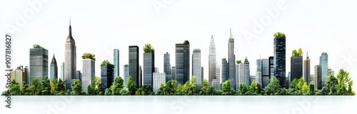 White background, panoramic view of the city's skyline, with buildings made up only of black