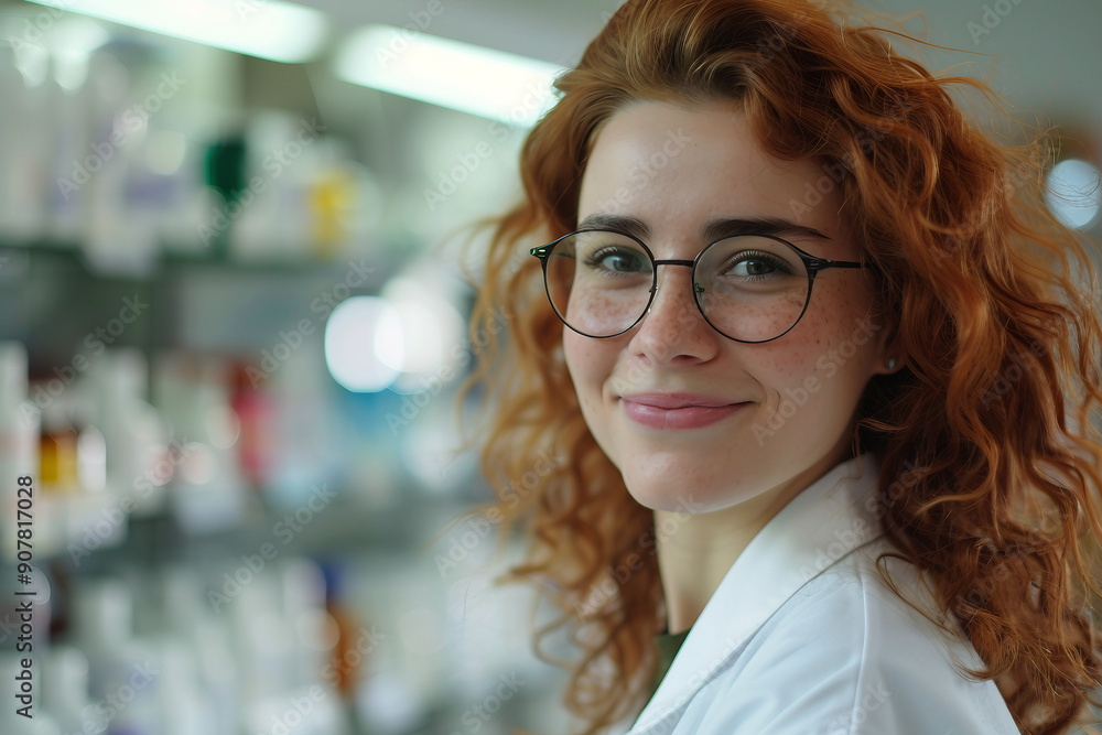 Photo of smiling pharmacist on the background of shelves with medicines generative AI Photo of smiling pharmacist on the background of shelves with medicines generative AI