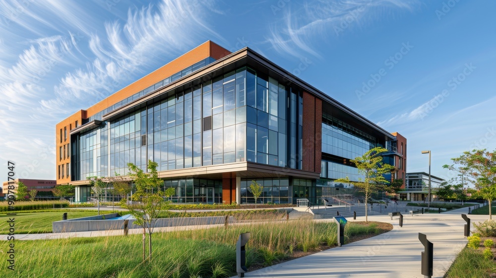 Modern Office Building with Blue Sky and Cirrus Clouds. Modern Office Building with Blue Sky and Cirrus Clouds.