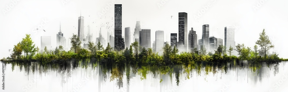 Futuristic city skyline made of black and white concrete, tall buildings overgrown Futuristic city skyline made of black and white concrete, tall buildings overgrown