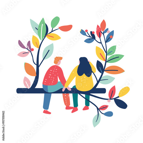Man woman sitting back back swing surrounded colorful abstract leaves. Characters casual clothing enjoy nature, relationship concept, flat style. Couple holding hands, romantic illustration