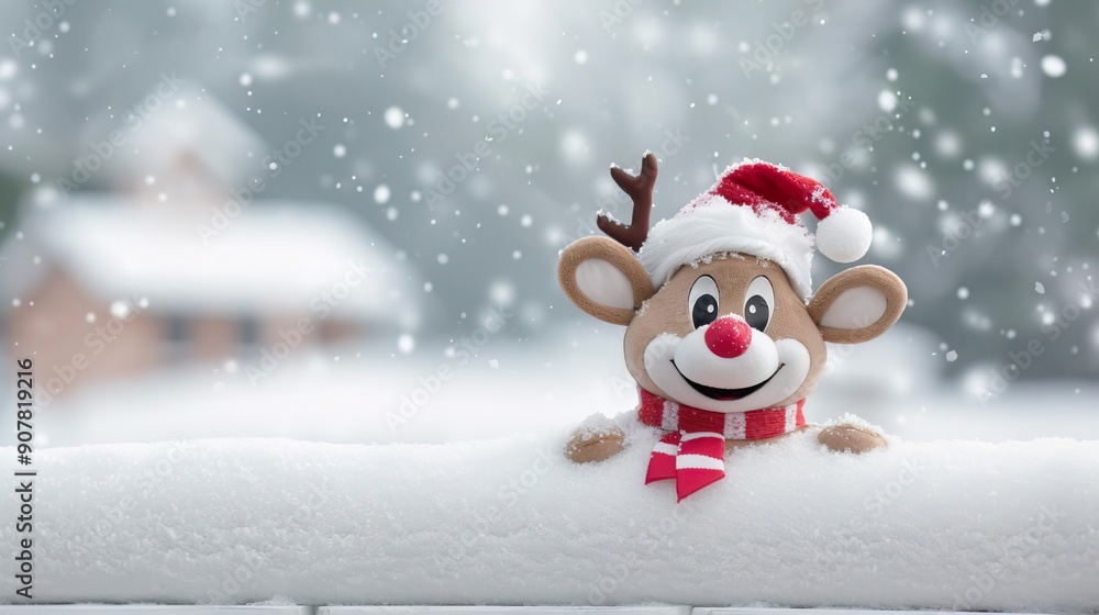 Smiling reindeer wearing a Santa hat peeking out from the snow. Smiling reindeer wearing a Santa hat peeking out from the snow.