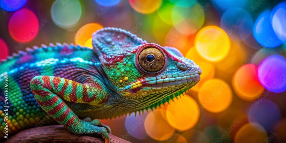 Fototapeta premium Colorful chameleon blending into a vibrant bokeh background, chameleon, reptile, nature, vibrant, colorful, multicolored