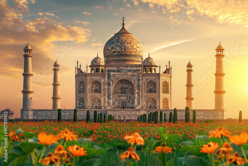 Taj Mahal Surrounded by Vibrant Flower Garden at Sunset photo