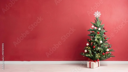 Minimalist Christmas tree with red ornaments against a red wall.