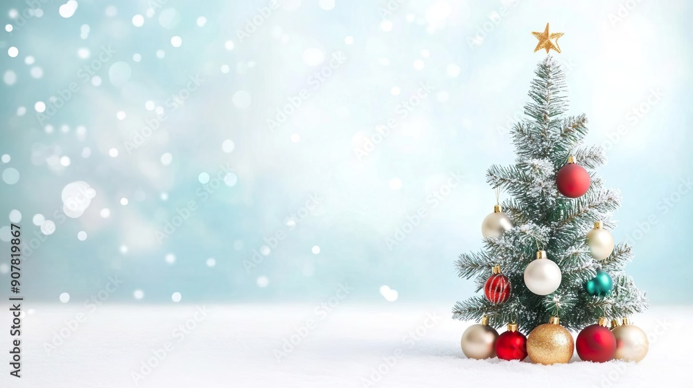 Obraz premium A beautifully decorated Christmas tree with colorful ornaments, snowy background.