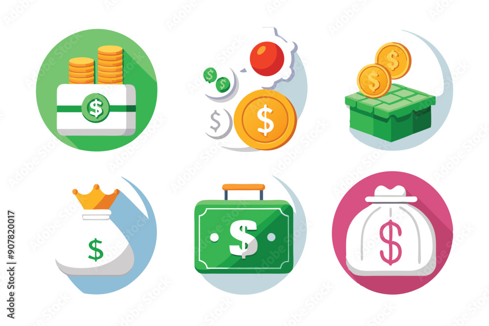 A Set of Colorful Flat Icons Depicting Various Ways to Store and Represent Money A Set of Colorful Flat Icons Depicting Various Ways to Store and Represent Money