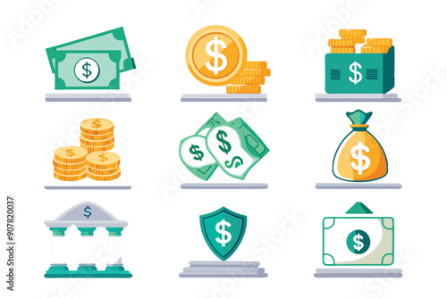Set of Nine Colorful Dollar Currency and Finance Icons