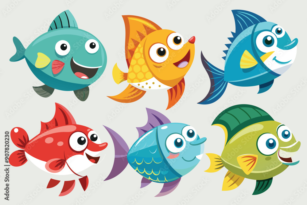 Six Cartoon Fish with Smiling Faces and Big Eyes Six Cartoon Fish with Smiling Faces and Big Eyes