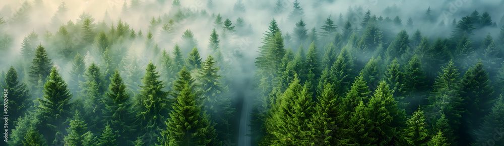 Forest in the early morning, pine forest at sunrise, forest in the morning mist, path in the middle of the pine forest, forest and road banner Forest in the early morning, pine forest at sunrise, forest in the morning mist, path in the middle of the pine forest, forest and road banner