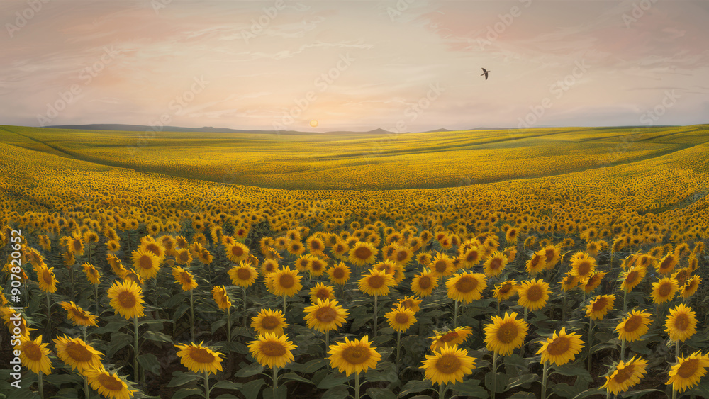 Fototapeta premium A large field of sunflowers with a bird flying over them, AI
