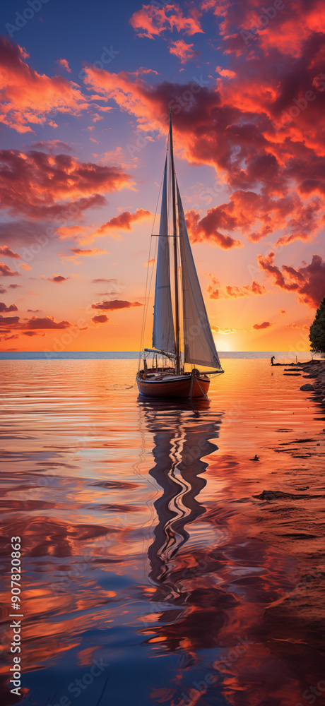 Fototapeta premium A Stunning Sunset And A Sailboat, Perfect For Mobile Phone Wallpaper