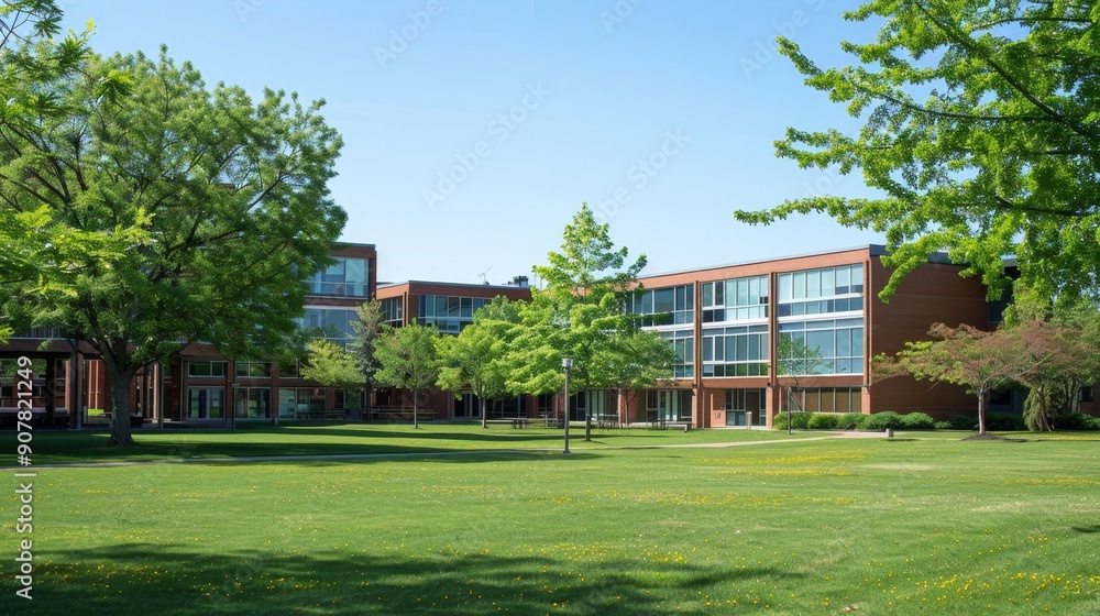 Modern brick building with lush green lawn. Modern brick building with lush green lawn.