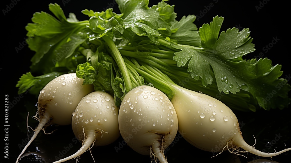 Close up of a fresh daikon, macro photography, smooth textures, front view from above, studio lighting. Close up of a fresh daikon, macro photography, smooth textures, front view from above, studio lighting.