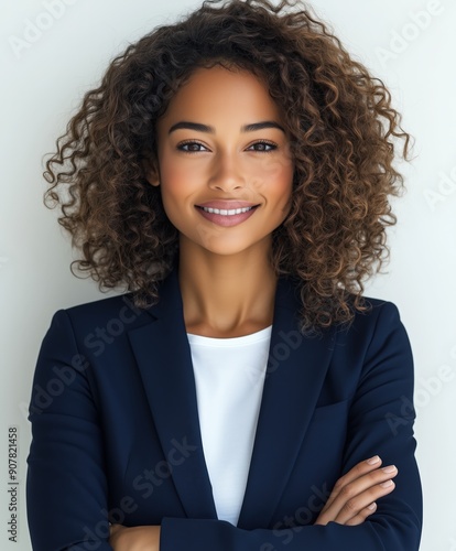 portrait of a beautiful smiling business woman with curly hair wearing a navy blue suit
