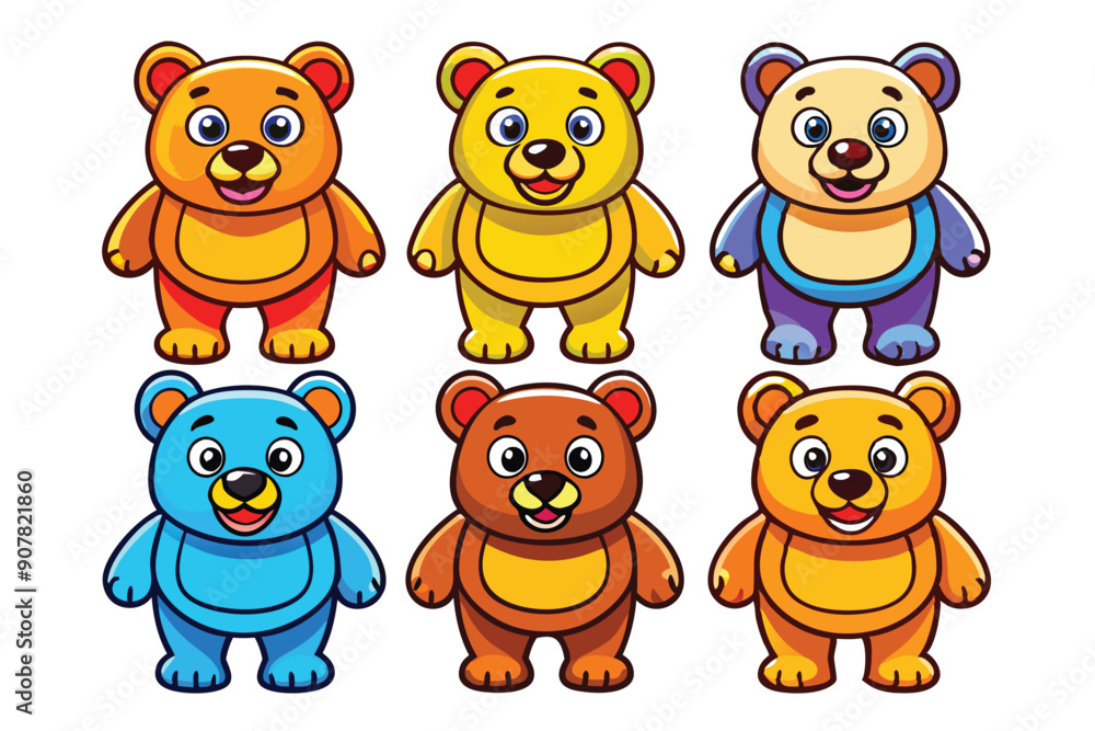 Six Smiling Cartoon Bears in Different Colors Six Smiling Cartoon Bears in Different Colors