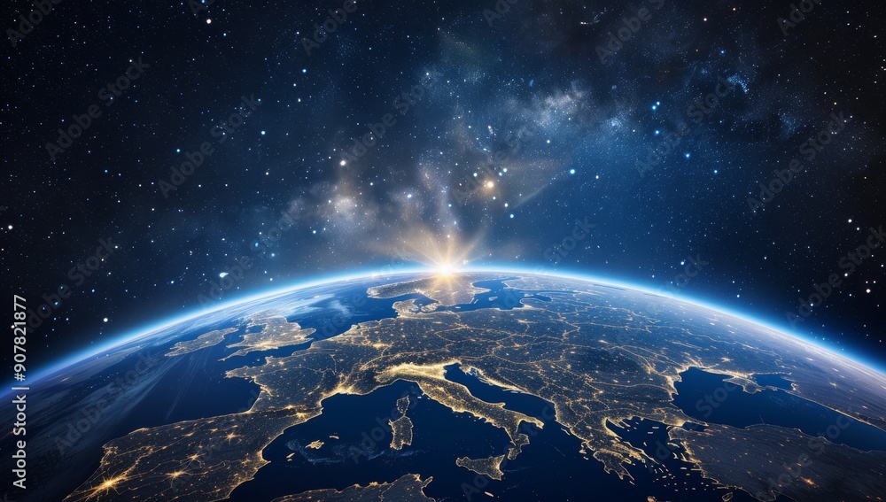 Naklejka premium The Earth from space, focusing on Europe with sunlight shining down and stars in the sky.