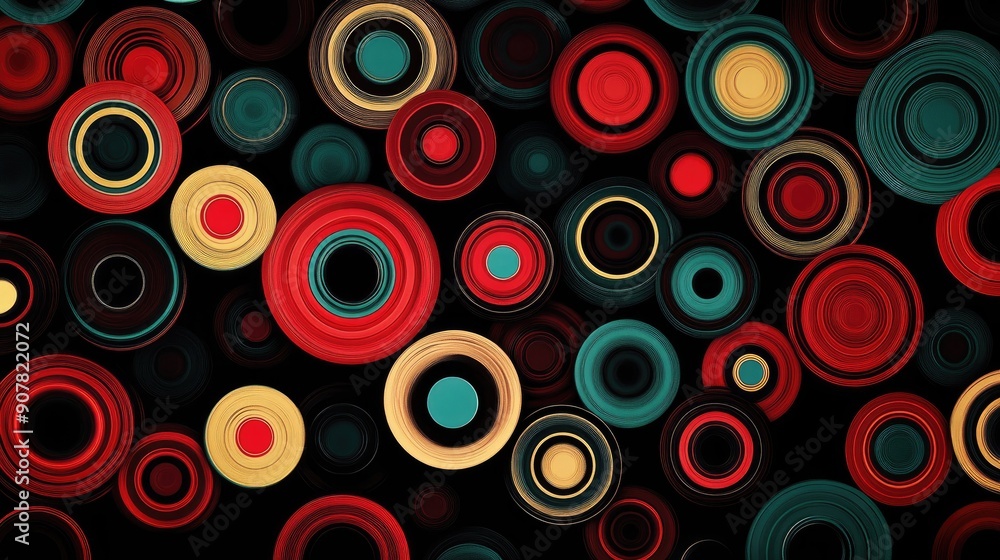Abstract pattern of concentric circles in a variety of colors and sizes ...